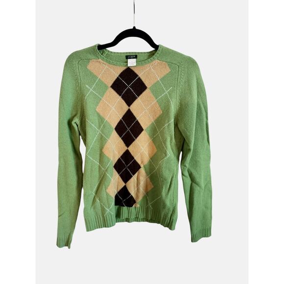 J. Crew small Women’s V-Neck Sweater Lambs Wool Argyle Diamond Green Blue Small - Picture 1 of 4
